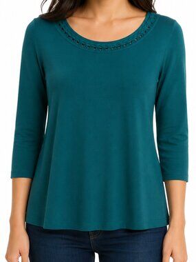Kim Rogers Teal Braided 3/4 Sleeve Round Neck Minimalist Women’s Size XL Blouse